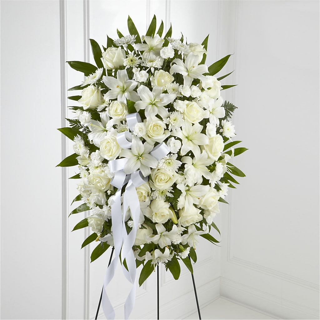 Exquisite Tribute Standing Spray-White Ribbon – SKIPS FLORIST & GIFTS, Toms River NJ