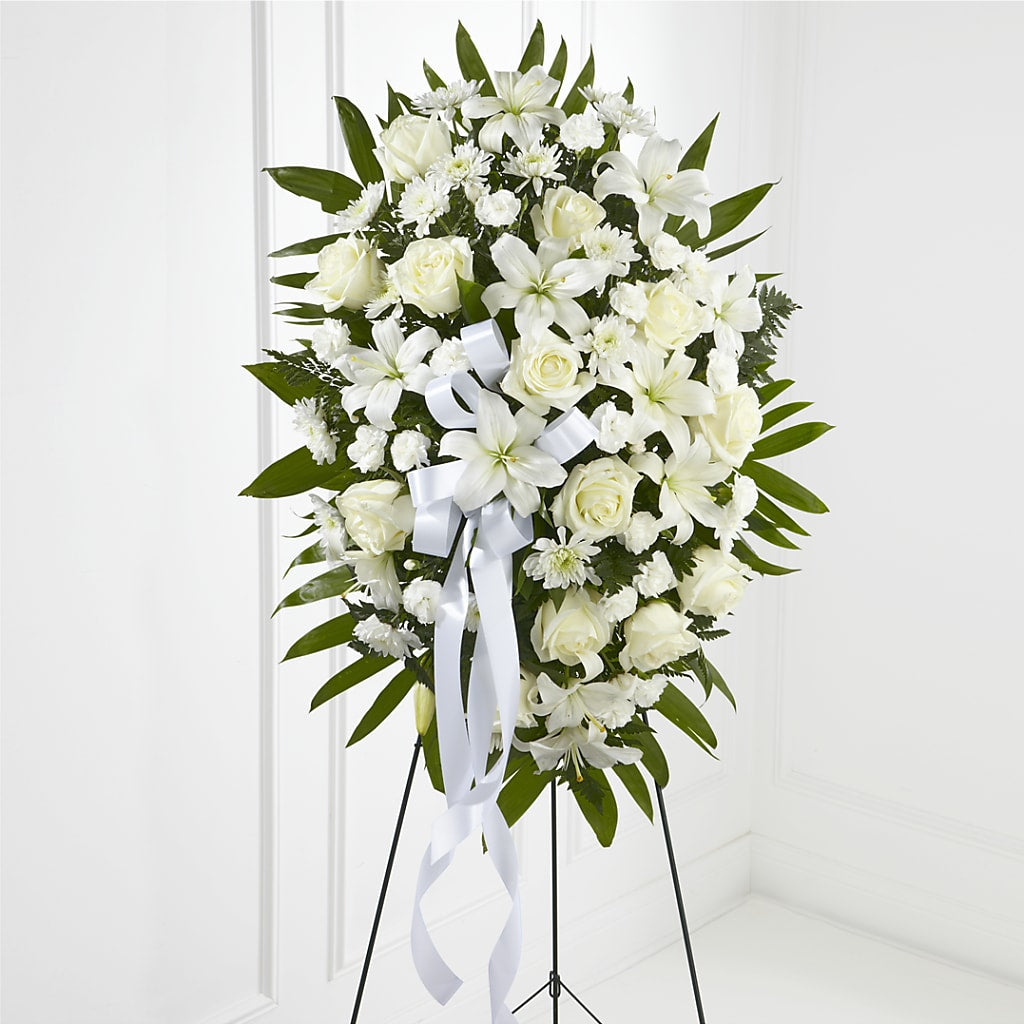 Exquisite Tribute Standing Spray-White Ribbon – SKIPS FLORIST & GIFTS, Toms River NJ